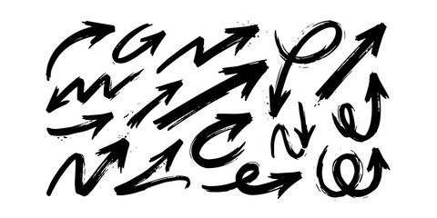 Set of Black Hand Drawn Grunge Arrow Symbols Isolated on White
