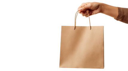 Woman hand holding a paper shopping bag isolated on transparent background high resolution PNG style perfect for ecommerce product mockups retail branding design and digital cutout projects