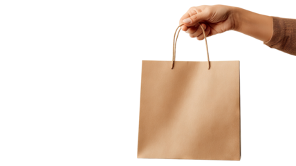 Woman hand holding a paper shopping bag isolated on transparent background high resolution PNG style perfect for ecommerce product mockups retail branding design and digital cutout projects
