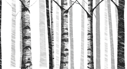 A dense, stylized forest of tall birch tree trunks rendered in high-contrast monochromatic vector scribbled ink lines, overlapping grey layers on a transparent banner. Concept of modern graphic