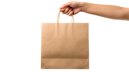 Woman hand holding a paper shopping bag isolated on transparent background high resolution PNG style perfect for ecommerce product mockups retail branding design and digital cutout projects