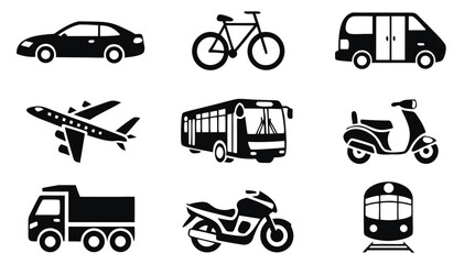 Transportation icons set car bicycle van airplane bus scooter truck motorcycle train