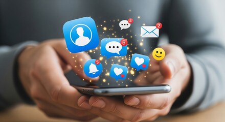 Close-up smartphone with floating user avatar, notification badges and chat icons