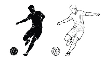 a dynamic illustration depicts two soccer players in contrasting styles one as a solid black silhouette and the other as a white outline alongside soccer © rsvect02