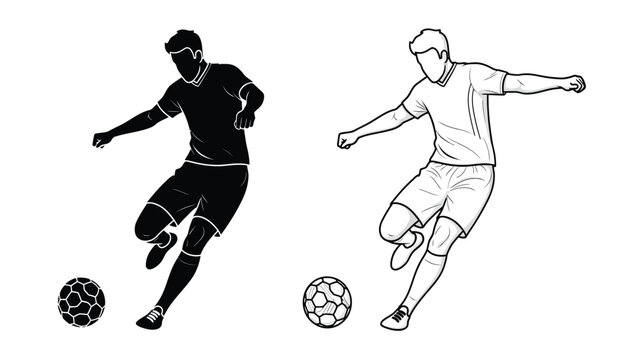 a dynamic illustration depicts two soccer players in contrasting styles one as a solid black silhouette and the other as a white outline alongside soccer
