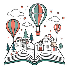 A whimsical illustration of hot air balloons over a storybook village