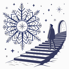 A lone figure ascends stairs toward a doorway framed by a large snowflake