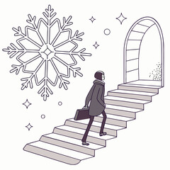 A person ascending stairs toward a doorway with a snowflake and winter elements