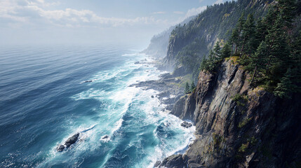 Scenic coastal view with crashing waves and forested cliffs