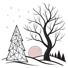 Winter landscape featuring a bare tree geometric christmas tree and moon