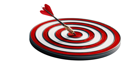 Red and white dartboard with dart in bullseye representing success and precision for gaming or business strategy concepts