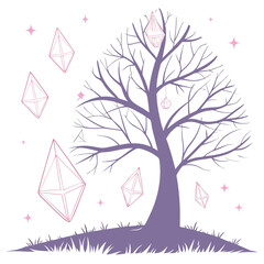 A whimsical illustration of a bare tree with floating diamonds and sparkles