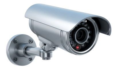 Sleek metallic security camera with infrared night vision LEDs and mounting bracket for surveillance applications and property protection systems for enhanced safety.