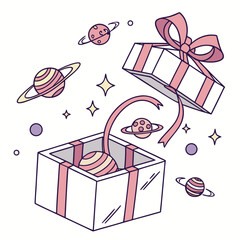 An open gift box releasing planets and stars a cosmic surprise