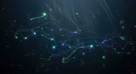 Abstract glowing particles trail across dark background