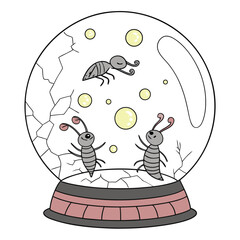 A whimsical illustration of a cracked snow globe with insects inside