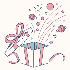 An open gift box with planets stars and a festive ribbon design