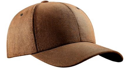 Brown textured baseball cap with structured crown and brim presented on a reflective surface for apparel and accessory promotions