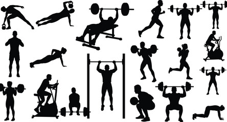 Diverse Vector Illustrations of Men and Women Performing Weightlifting, Cardio, and Bodyweight Exercises for Fitness and Health.