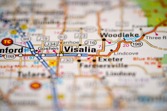 Visalia, California in the United States, highlighted on a world map.
