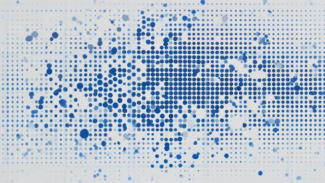 Abstract minimalist white background with blue dots random motion. Digital technology background, information flow, big data, and binary code. Network connection concept,  futuristic grid. 4k loop. ai