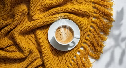 Cozy autumn coffee mug on warm yellow knitted blanket