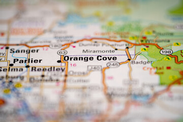 Orange Cove, California in the United States, highlighted on a world map.