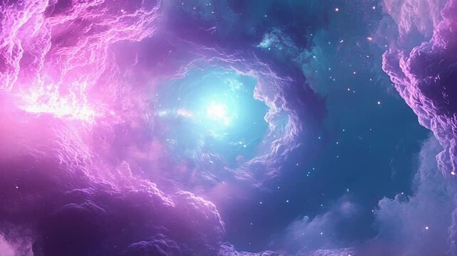 Glowing cosmic nebula expanding through deep space with stars