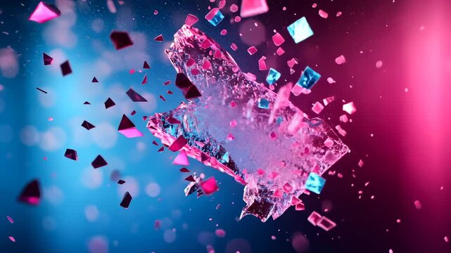Shattered pink glass arrow in motion against blue gradient background