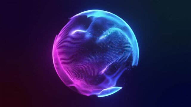Glowing rotating particle neon 3d sphere in the Universe.  Virtual assistant animation. Energy orb. Technology, science, engineering and artificial intelligence background. Pink and blue. 4k loop ai