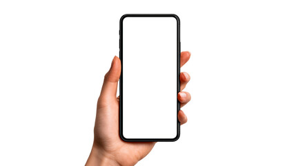 Hand holding a modern smartphone with a blank white screen for content placement, perfect for app promotion and mobile interface mockups.