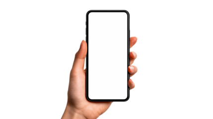 Hand holding a modern smartphone with a blank white screen for content placement, perfect for app promotion and mobile interface mockups.