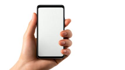 Human hand holding a modern smartphone with a blank white screen for mockup purposes, perfect for app promotion and website showcasing on a plain backdrop.