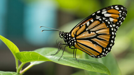 Naklejka premium A monarch butterfly with orange and black wings rests on a vibrant green leaf in a natural outdoor setting.