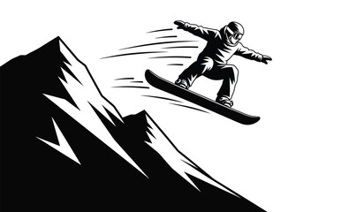 a dynamic black and white illustration depicts a snowboarder mid air performing a trick on a snowy mountain slope with speed lines enhancing the movement