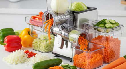 Kitchen vegetable slicer with multiple attachments, showcasing colorful chopped vegetables and fresh ingredients, ideal for meal preparation and healthy cooking