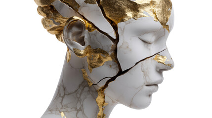 Sculptural human head with cracked marble texture and golden kintsugi repair, symbolizing resilience and refined beauty for luxury branding and fine decor applications