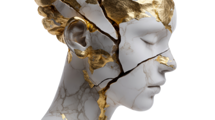 Sculptural human head with cracked marble texture and golden kintsugi repair, symbolizing resilience and refined beauty for luxury branding and fine decor applications
