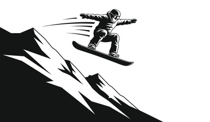 a stark black and white illustration depicts a snowboarder in mid air gracefully leaping from a snow covered mountain peak with dynamic motion lines