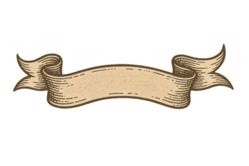 Vintage scroll ribbon banner with old paper texture and engraving style outline on transparent background