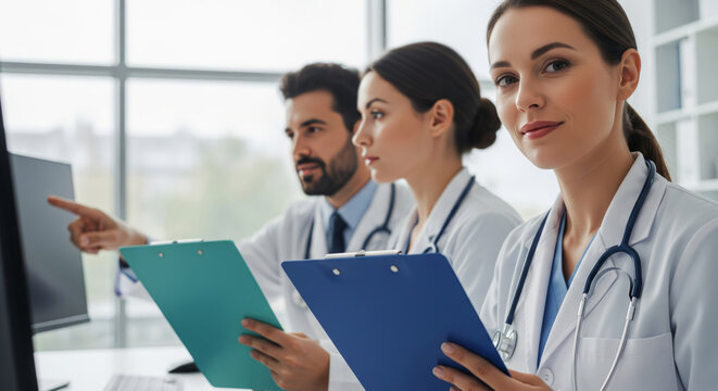 Medical Team Reviewing Patient Data — Doctors and Nurses at Desktop, Clinical Office - Powered by Adobe