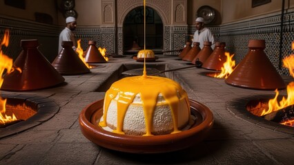 Traditional moroccan tagine cooking with fire and chefs in a historic kitchen setting