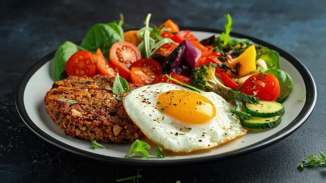 A colorful healthy breakfast plate featuring a sunny-side-up egg, vegetable salad, and a crispy vegetarian patty, presented with vibrant freshness.