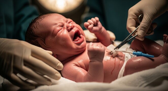 Newborn Moments After Birth &mdash; Crying Infant with Umbilical Cord Clamp, Delivery Room