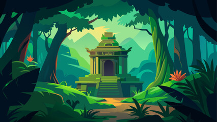 Temple structure in a green forest with mountain view on transparent background © Djujjol