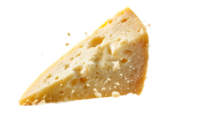Wedge of aged cheese with crumbs breaking off, ideal for food and culinary use.