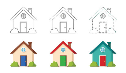 Fototapeta premium a collection of simple house illustrations in varying styles including outlined drawings and fully colored versions offering a visual progression of detail and form