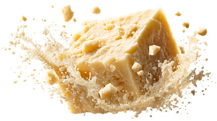 Parmesan cheese chunk splashing with creamy liquid in dynamic motion, perfect for food advertising and culinary themes
