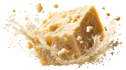 Parmesan cheese chunk splashing with creamy liquid in dynamic motion, perfect for food advertising and culinary themes