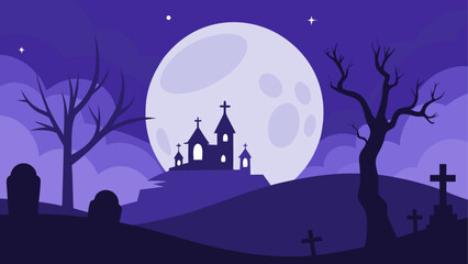 Illustration of a spooky scene with a castle and moon on transparent background